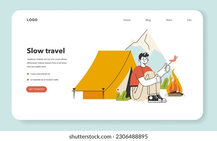 Slow traveling web banner or landing page. Slow life principles. Man frying saussiges on a fire. Bonfire cooking. Modern practice for body and mind wellness. Flat vector illustration
