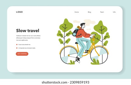 Slow traveling web banner or landing page. Slow life principles and activity. Man riding a bicycle in the park. Outdoor activity. Modern practice for body and mind wellness. Flat vector illustration