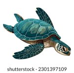Slow turtle crawls through blue underwater world over white