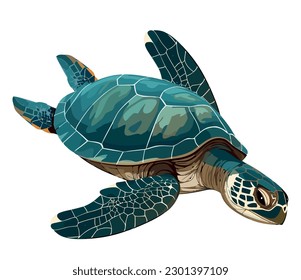 Slow turtle crawls through blue underwater world over white