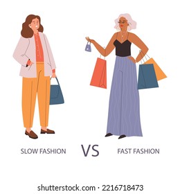 Slow Vs Fast Fashion Concept Of Overconsumption And Low-quality Mass Market Goods Buying. Conscious Consumption Flat Vector Illustration Isolated On White Background.