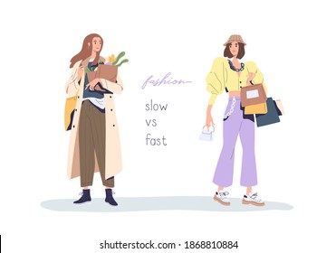 Slow vs fast fashion movement against overconsumption and low-quality mass market. Social phenomenon of eco-conscious consumption and shopping. Flat vector illustration isolated on white background