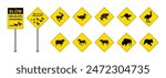 Slow Wildlife Crossing Sign. Animal Crossing Traffic Sign. Warning for Deer, Duck, Frog, Sheep, Horse, Cattle, Koala, Kangaroo, Emu, Bison, and Cow on the Road. Traffic Sign Vector.