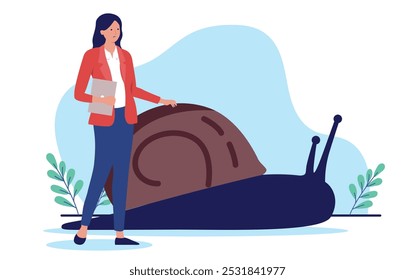 Slow work progress - Businesswoman standing with snail moving very slowly forward with lack of progress and boring job with no progress in career and business. Flat design vector illustration