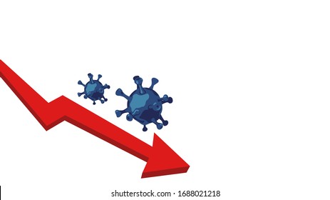 Slowdown of the coronavirus pandemic. Decrease in the number of cases, victory over the Covid-19. Effective virus control measures. Global economic crisis due to coronavirus. Red arrow down. Statistic