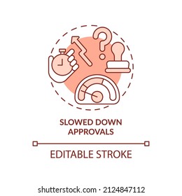Slowed down approvals red concept icon. Decision making time. BPA challenges abstract idea thin line illustration. Isolated outline drawing. Editable stroke. Arial, Myriad Pro-Bold fonts used