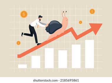 Konzept des langsamen Wachstums. Der Mensch bewegt Schnecke entlang Diagramm, Metapher für gescheiterte Unternehmer und schlechte Unternehmensentwicklung. Schwierige finanzielle Situation, fleißiger Mitarbeiter. Cartoon-Flavektor-Vektorgrafik