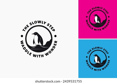 Plantilla de diseño de logotipo de pingüino de paso lento, Cierre de un pingüino en una roca con las palabras el paso lento hecho con asombro. Conveniente para los diseños temáticos de la naturaleza.