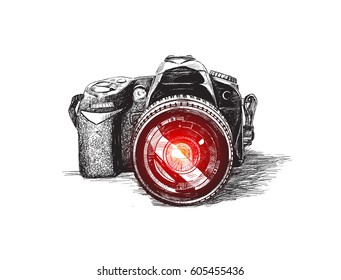 SLR camera, Hand Drawn Sketch Vector illustration.