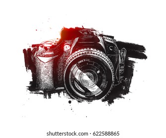 SLR camera, Hand Drawn Sketch Vector illustration.