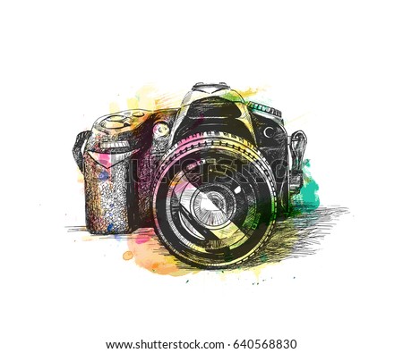 SLR camera, Hand Drawn Sketch Vector illustration.