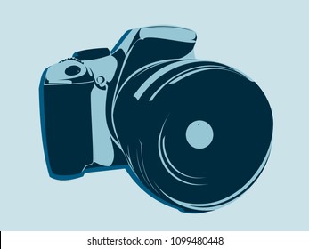SLR camera, logo in blue tones on a light background