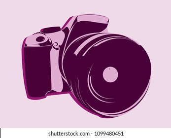 SLR camera, logo in pink tones on a light background
