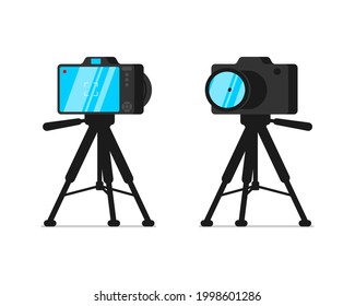 Cámara réflex en trípode de base delantera y trasera. Cámara fotográfica digital en rack. Kit de equipo para fotógrafos o fotógrafos con lente en soporte estacionario. Dispositivo de vídeo fotográfico estable profesional. EPS