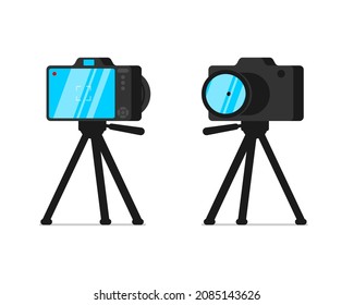 SLR Camera On Tripod Stand Front And Back View Set. Digital DSLR Photocamera On Rack. Videographer Or Photographer Equipment Kit With Lens On Stationary Holder. Professional Stable Photo Video Device