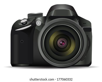 SLR camera on a white background with the reflection of the