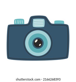 SLR camera. A photographic device with zoom and flash. A symbol of travel, adventure. Flat vector illustration isolated on white background.