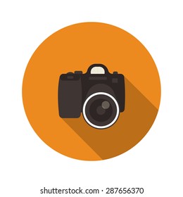 Slr optical camera camera round icon with long shadow isolated on white