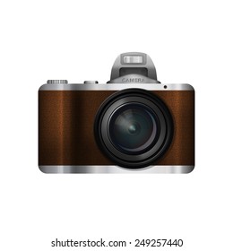 SLR in retro style, vector image realistic camera with leather trim