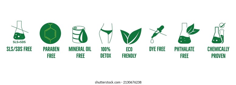 sls sds free, paraben free, mineral oil free, 100% detox, eco friendly, dye, phthalate free, chemically proven icon set vector illustration 