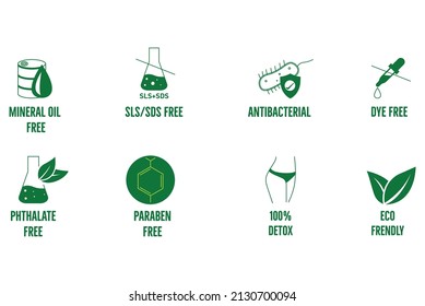 SLS SDS free, paraben-free, mineral oil-free, 100% detox, eco friendly, dye, phthalate-free, chemically proven icon, logo set vector illustration 