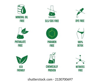 SLS SDS free, paraben-free, mineral oil-free, 100% detox, eco friendly, dye, phthalate-free, chemically proven icon, nitrates free, logo, icon set vector illustration 