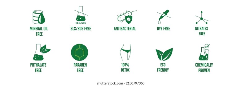 SLS SDS free, paraben-free, mineral oil-free, 100% detox, eco friendly, dye, phthalate-free, chemically proven, antibacterial, nitrates free icon, logo set vector illustration 