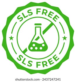 SLS oder SLES freie Label Vektor Icon Illustration für Produktpaket. Silikon, Paraffin, Paraben frei grünes Logo, Symbol, Abzeichen, Tag oder Emblem isoliert. Chemischer Stempel, Siegel, Aufkleber, Markierung oder Tag.