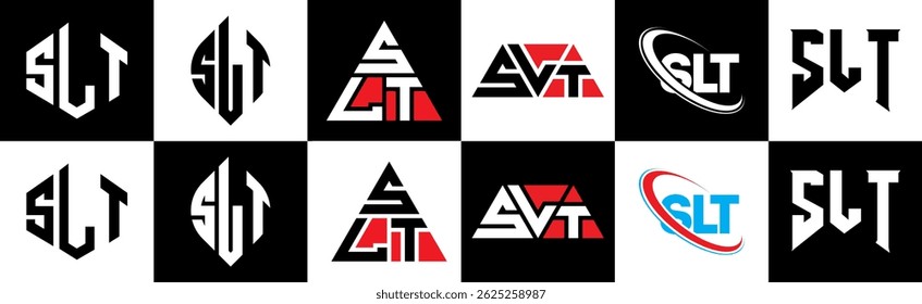 Diseño de logotipo de la letra SLT en seis estilos. Polígono SLT, círculo, triángulo, hexágono, estilo plano y simple con logo de letra de variación de color blanco y negro en una mesa de trabajo. Logotipo SLT minimalista y clásico