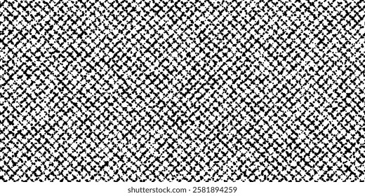 Slub worn linen checkered slant seamless pattern. Abstract bg with black texture of flax fabric. Melange wool textile. Rough rug with uneven dots and specks. Vector illustration