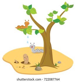 Slug and earth worm in the garden. Vector illustration.