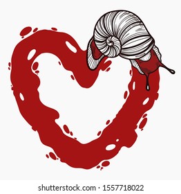 Slug and heart. Isolated vector illustration on white background.