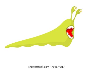 Slug isolated. Green Monster Insect pests. Worm parasite with teeth
