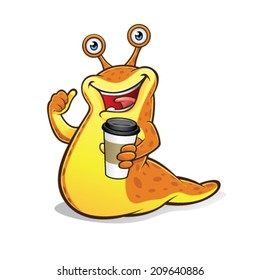 slug smiling holding a cup of coffee and a thumbs up