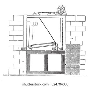 Sluice Gate Of The Erie Canal, Vintage Engraved Illustration. Industrial Encyclopedia E.-O. Lami - 1875.
