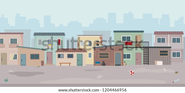 Slum. Huts and old ruined houses at the\
street. Flat style vector illustration.\
