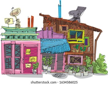 A slum poor residential overpopulated house built from garbage and occasional materials. Cartoon. Caricature.