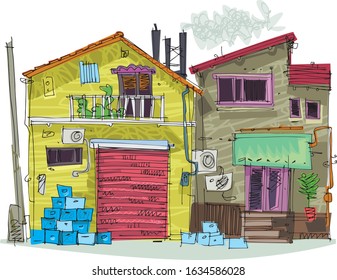 A slum poor residential overpopulated house built from garbage and occasional materials. Cartoon. Caricature.