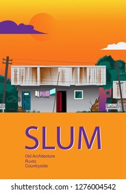 Slum with tilted electric pole on sky background,cover book.