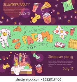 Slumber pajama party banner set - cartoon girls and cute objects on friend group sleepover invitation text template. Flat vector illustration.