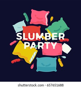 Slumber party banner, poster or flyer template with colorful pillows and feathers. Ideal for invitation cards and other printables