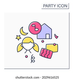 Slumber party color icon. Girl teenagers party. Overnight celebration with girlfriends.Playing games, pillows fight, film watch. Celebrating concept. Isolated vector illustration