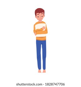 Slumber Party, Cute Boy in Pajamas Hugging Pillow Cartoon Style Vector Illustration