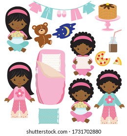 Slumber party girl vector cartoon illustration. Pajama party. Pancakes party.