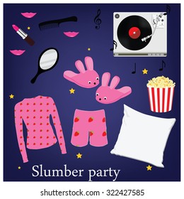 Slumber party invitation symbols, elements. Sleepover. Pajama home slippers popcorn music mirror and comb pillow