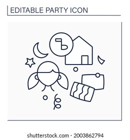 Slumber party line icon. Girl teenagers party. Overnight celebration with girlfriends.Playing games, pillows fight, film watch. Celebrating concept. Isolated vector illustration. Editable stroke