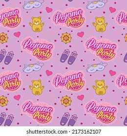 Slumber party seamless pattern with lettering and party elements. For design, textile, wrapping, card, print.