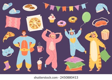 Slumber party. Smiling People in pajama onesies or kigurumi, festive pillow night cartoon vector illustration set of slumber pajama, friendship sleepover