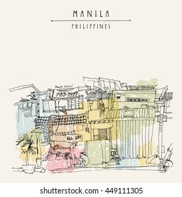 Slums in the old part of Manila, Philippines, Asia. Hand drawn vintage postcard or poster template in vector