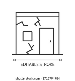 Slums pixel perfect linear icon. Cracked urban construction. Poor condition of building. Thin line customizable illustration. Contour symbol. Vector isolated outline drawing. Editable stroke